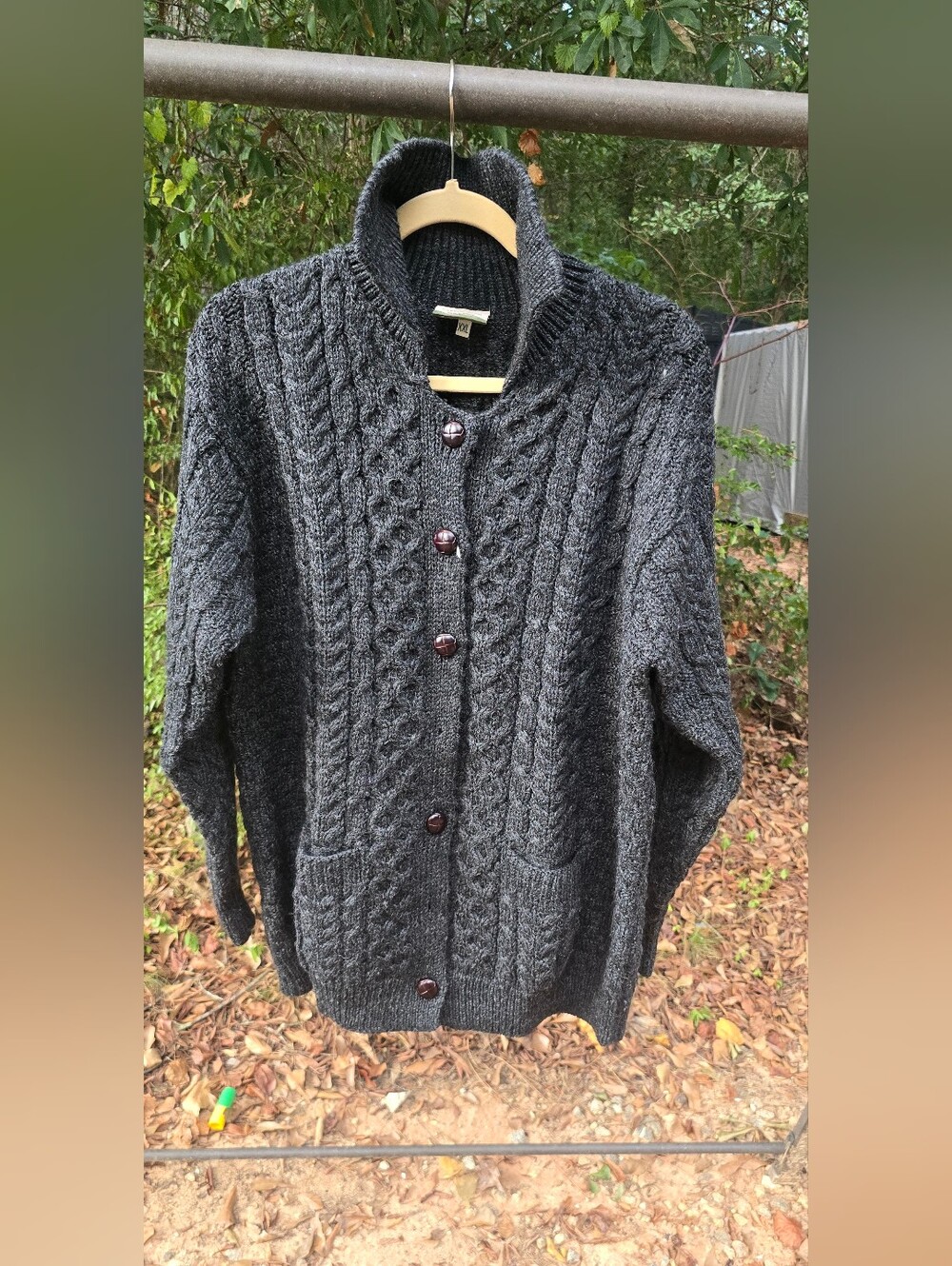 Carraig Don Pure Wool Dark Gray Cable Knit Button Cardigan Sz XXL